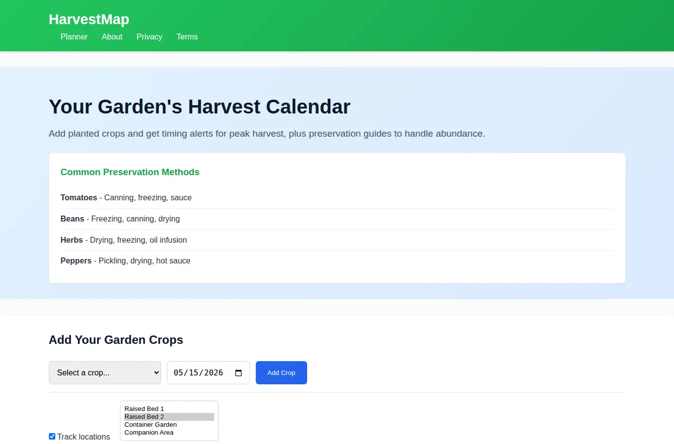 Screenshot of HarvestMap - Garden Harvest Planner interface showing the project page in use